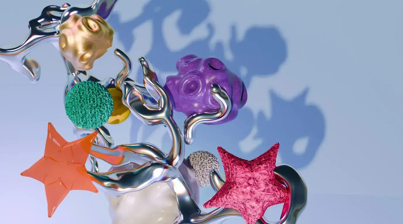 Chrome ribbons twisting around coloured stars and blobs in glossy, matte and furry finishes, on a pale blue field.